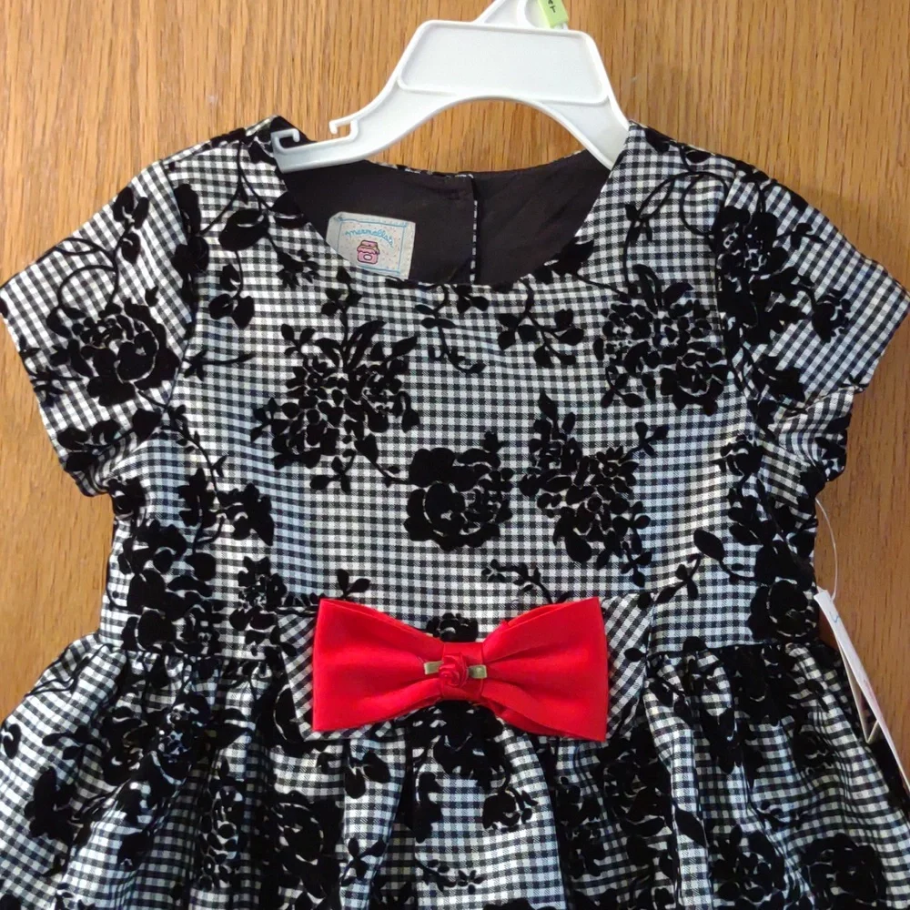 Marmellata Girls 4T fancy dress Gingham checked floral black red bow